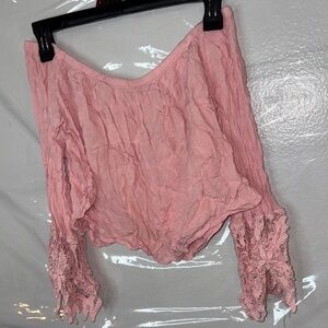 Pink Off-Shoulder Top with Lace Sleeves